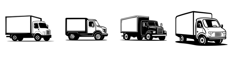 Fototapeta premium Black vector icons of delivery trucks showcasing various designs suitable for logistics and transportation concepts