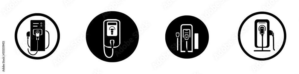 Poster black vector icons representing electric vehicle charging stations for different contexts and usage 
