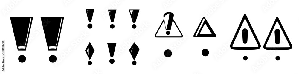Poster warning symbols and icons in black vector graphics showcasing various alert types commonly used in d