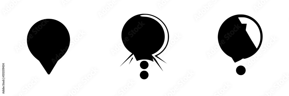 Poster collection of three black vector icons representing map markers and location symbols used in digital