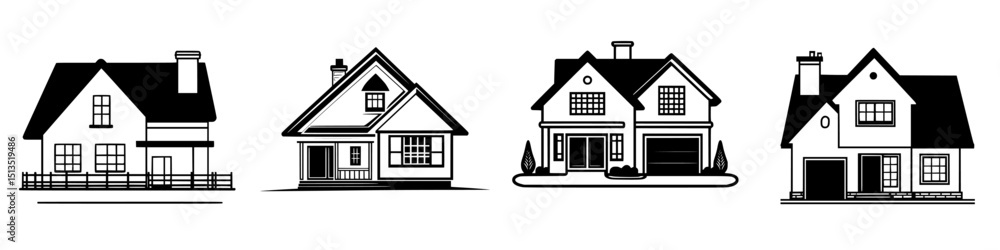 Poster set of four black vector house icons illustrating different architectural styles and designs for var