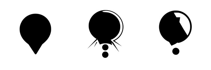 Collection of three black vector icons representing map markers and location symbols used in digital applications