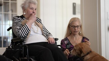 An elderly woman seated in a wheelchair is visited by her daughter and a friendly dog. The atmosphere is warm as they share a special moment together.