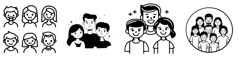 Diverse groups of people in various poses and expressions, showcasing friendship and connection in a playful style