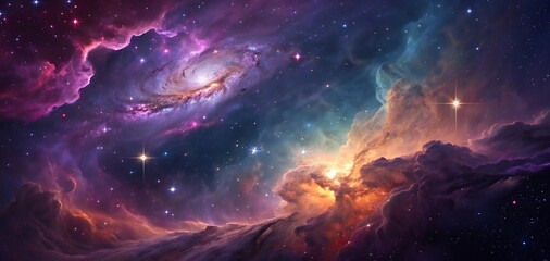 Fototapeta premium Vibrant Cosmic Landscape with a Swirling Galaxy and Colorful Nebulae a Stunning Display of Deep Space Beauty and Celestial Wonder