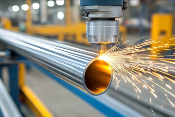 Macro shot of a pipe laser cutting tool slicing metal pipes with glowing edges from the heat