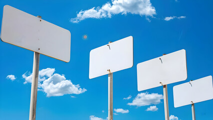 Four Road Signs Under a Clear Blue Sky with White Clouds
