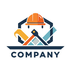 Construction company logo with helmet and hand tools graphic