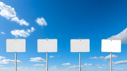 Four Road Signs Under a Clear Blue Sky with White Clouds
