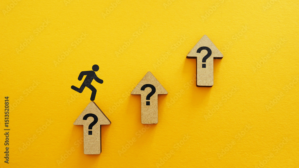 Poster a person walks to the goal by climbing up the arrows with question marks. way how to find answers as