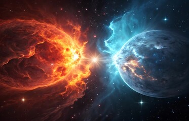 Cosmic Collision A Fiery Nebula Meets an Ice Planet in a Spectacular Display of Interstellar Energy and Light Set Against a Starry Backdrop