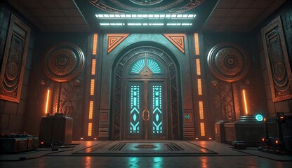 Fototapeta premium Futuristic Temple Interior with Glowing Door and Ornate Decorations Featuring a Cyberpunk Aesthetic and Ancient Architectural Elements for a Sci Fi Fantasy Setting