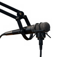Black studio microphone on boom arm isolated on transparent background
