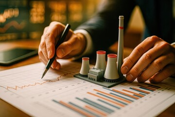 Drawing energy forecast line next to nuclear plant model on paper graph for strategic planning
