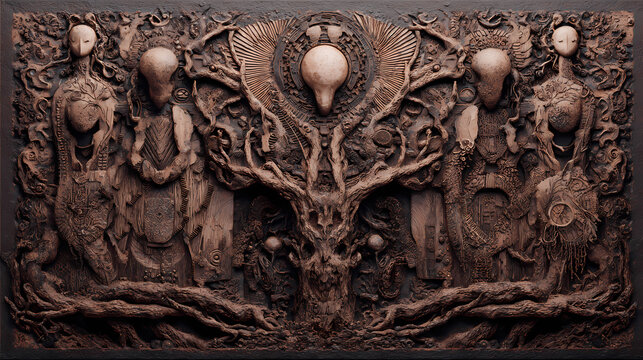 avant-garde album art | forest of memory | esoteric tension | sepia stained earth tones | symbolic symmetry | dream warriors | automatic form emergence | grattage | dream conflict mythology | mythic