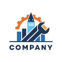 Fototapeta premium Industrial company logo combining building wrench and cogwheel elements
