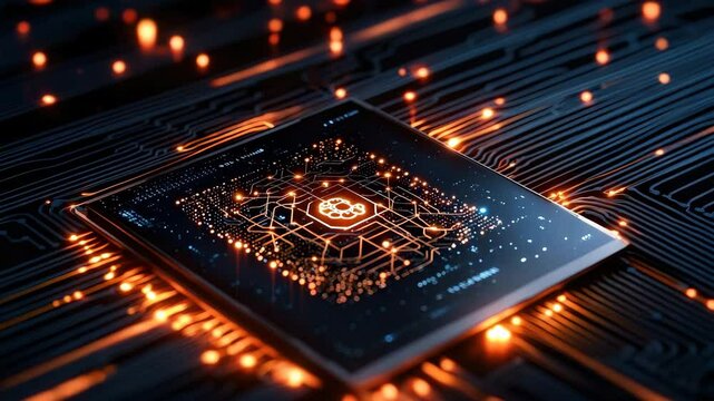 A futuristic microchip with glowing orange circuits symbolizes artificial intelligence and advanced technology.