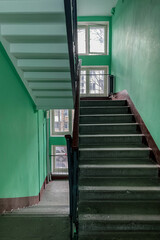 Staircase span in an old panel house,.the entrance of an apartment building.  Entrance of the Khrushchev house
