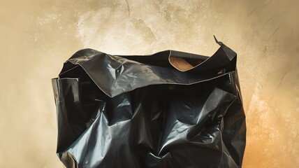 Crumpled Black Trash Bag Against Textured Wall Background

