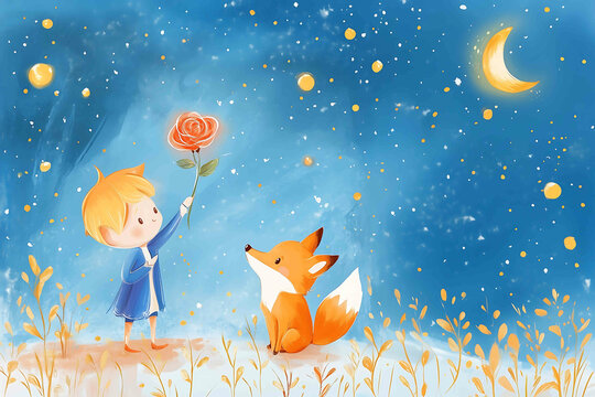 cute blonde le petit prince with rose and fox handrawn style