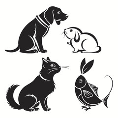Obraz premium Black and white pet silhouettes dog cat rabbit fish
