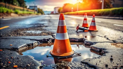 A single traffic cone stands sentinel in a pothole, reflecting the setting sun, while two others lie discarded nearby, symbolizing road damage and the need for repair.