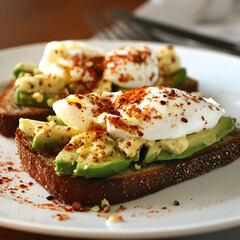 A Crunchy Avocado Toast with Poached Eggs and Chili