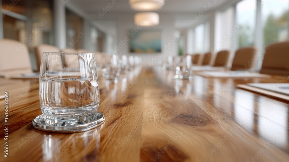 Poster conference table set for a meeting features a polished wood surface with glasses of water placed nea
