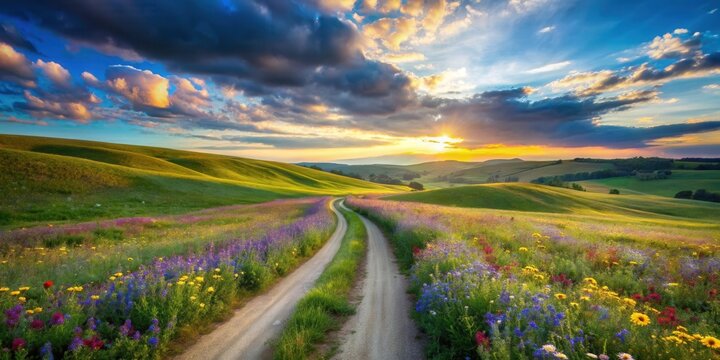 Serene Sunset Landscape A winding dirt road meanders through vibrant wildflowers, leading towards a breathtaking panorama of rolling hills bathed in the golden light of a picturesque sunset.
