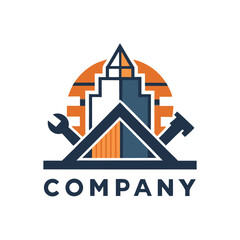 Abstract construction logo featuring building, tools and sunset graphic