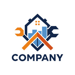 Abstract Construction Repair Company Logo with House and Wrench
