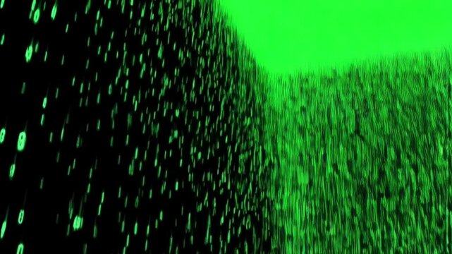 Green binary code and glowing fiber optics create a digital matrix pattern of light and data, ideal for a technology background