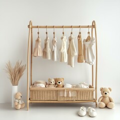 Wicker Basket and Clothing Display with Teddy Bears and Childlike Shoes In Neutral Tones Setup
