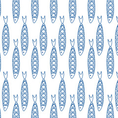 Line Fish set with pattern illustrations. Seamless Pattern. Sea Background. Vector. Sardines, sea fish. Blue color, Scandinavian, Folk