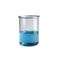 A clear glass beaker filled with blue liquid, isolated on a white background. Ideal for educational and laboratory-related projects.