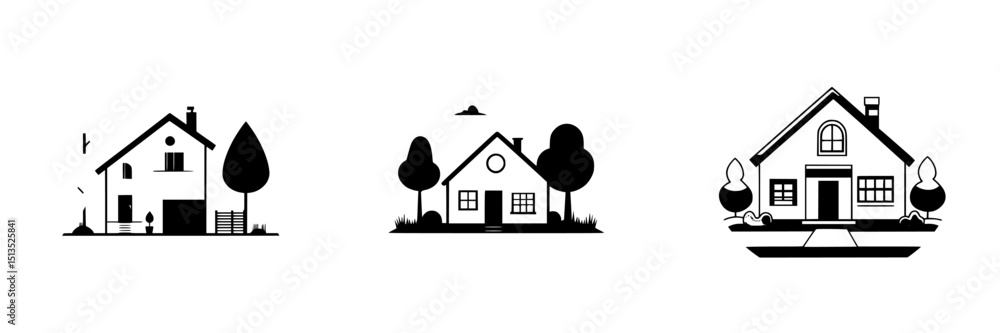 Poster modern black vector icons of houses with distinct styles for design and creative projects