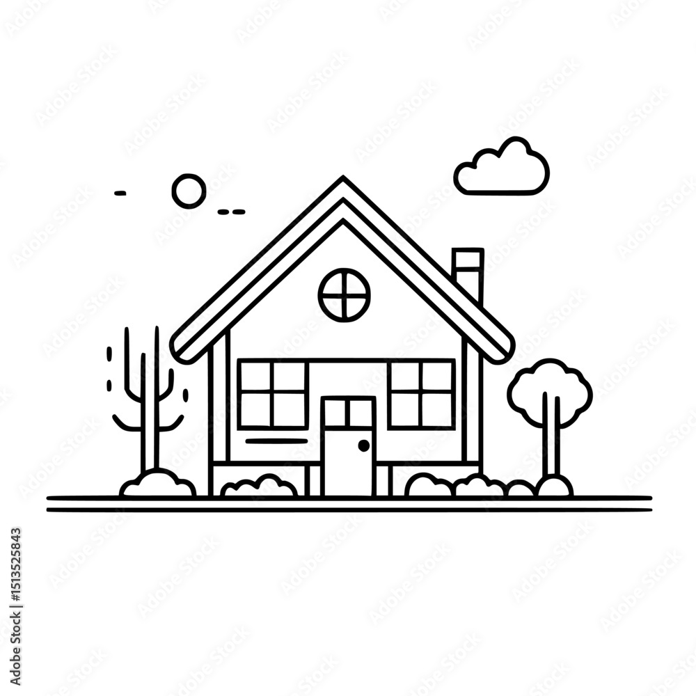 Poster stylized black vector icon of a house with trees and clouds in a simple design, suitable for various