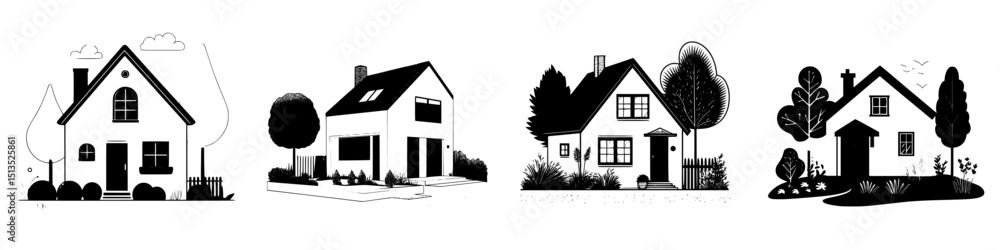 Poster vector icons representing different house styles in a minimalist design suitable for modern graphic 