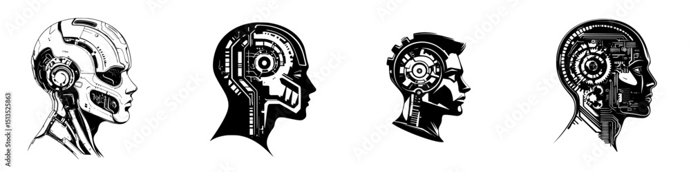 Poster diverse human-like heads representing artificial intelligence and robotics in a black vector design