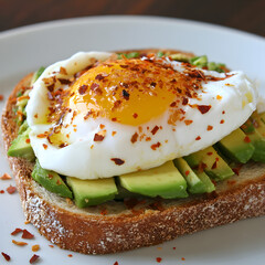 A Crunchy Avocado Toast with Poached Eggs and Chili