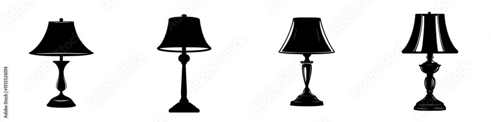 Poster decorative black vector icons of various table lamps showcasing different styles and designs for mod