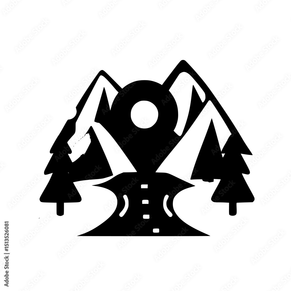 Poster black vector icon of a mountainous landscape with trees and a road showing a location marker