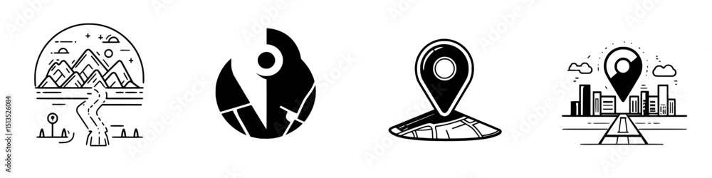 Poster vector icons depicting location markers, exploration themes, and map elements with a minimalist desi