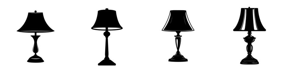 Obraz premium Decorative black vector icons of various table lamps showcasing different styles and designs for modern home decor
