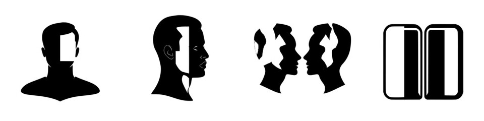 Black vector icons illustrating human profiles and interactions, focusing on faces and silhouettes in varying arrangements