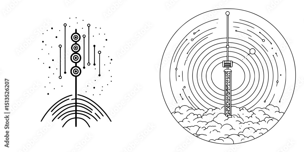 Poster vector illustration of a traffic signal and communication tower with abstract elements representing 