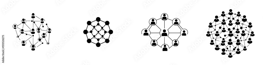 Poster various black vector icons representing network structures and social connections in modern digital 