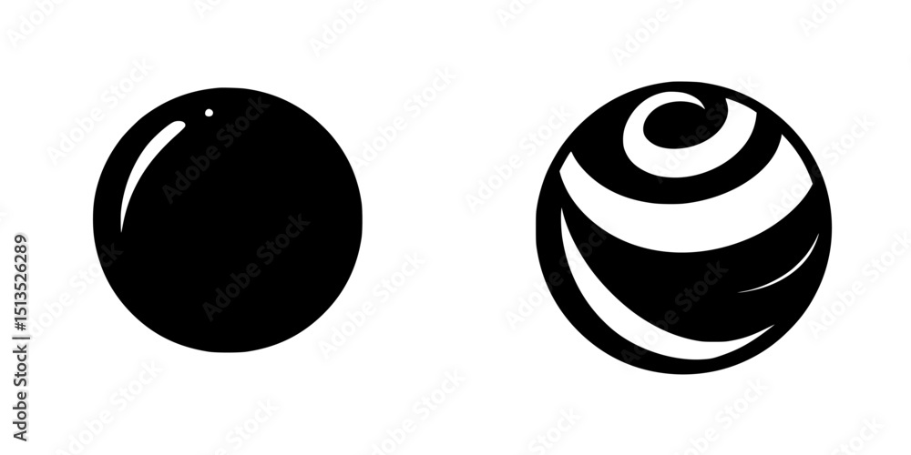 Poster black vector icon depicting two distinct spheres, one plain and one with a swirling pattern, illustr