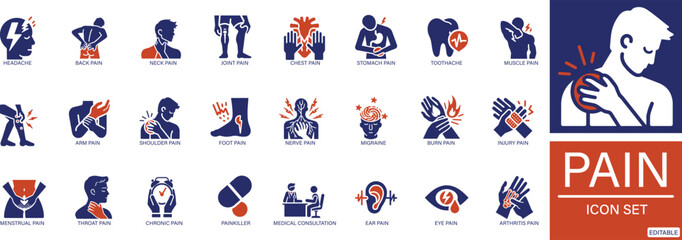 Pain Icon Set Body Pain, Injury, and Medical Symptom Symbols.