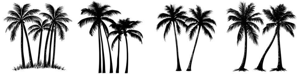 Black vector icons of palm trees standing tall in different arrangements suitable for tropical-themed designs